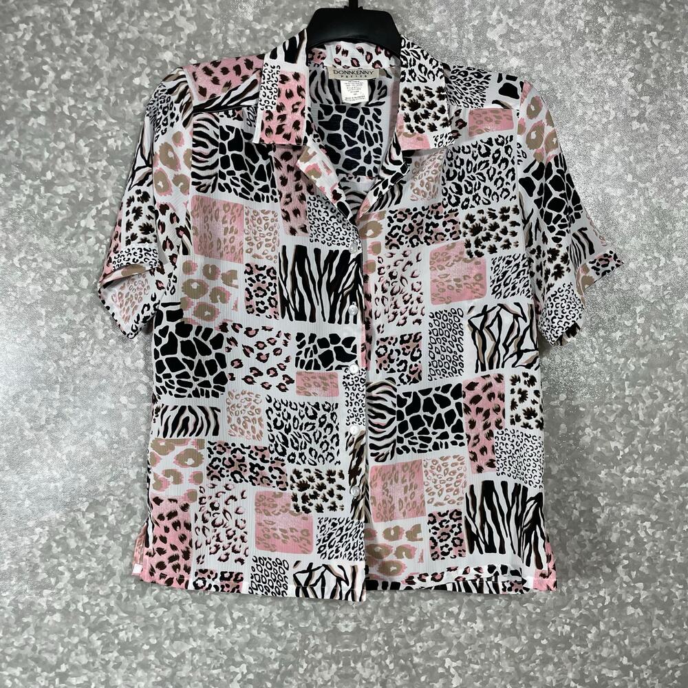 Donnkenny Women's Vintage Pink Patchwork Leopard Print Top - Size Medium Petite